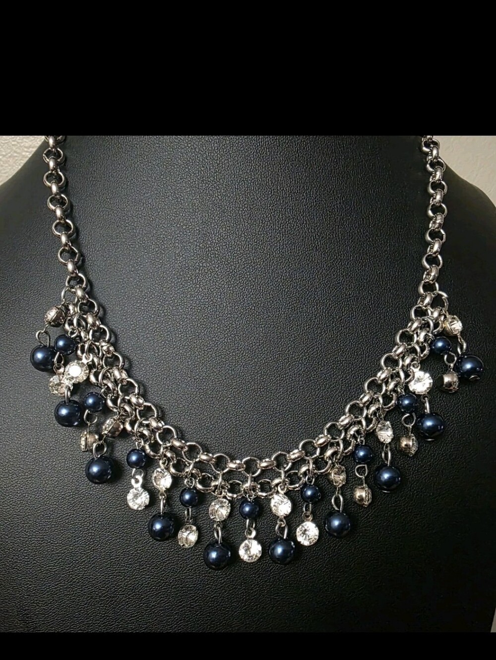 Silver Chain Necklace with Navy Beads and Crystal Drops